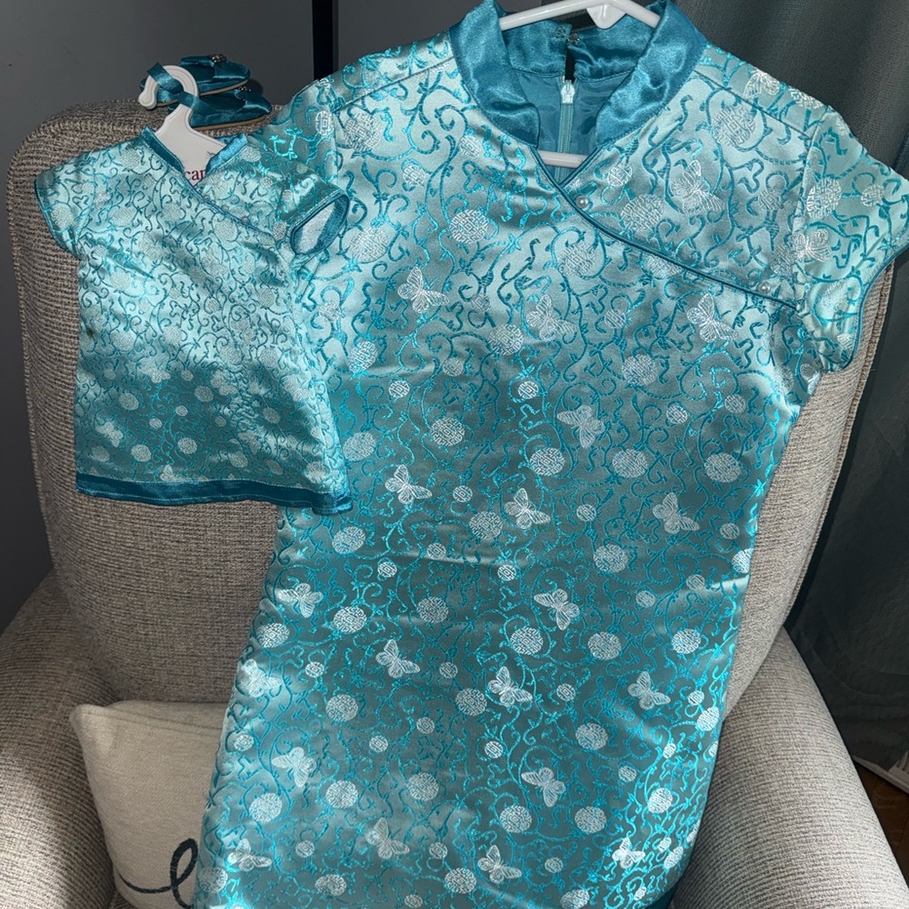 American Girl Teal Satin Dress with Matching Doll Dress & Doll Shoes